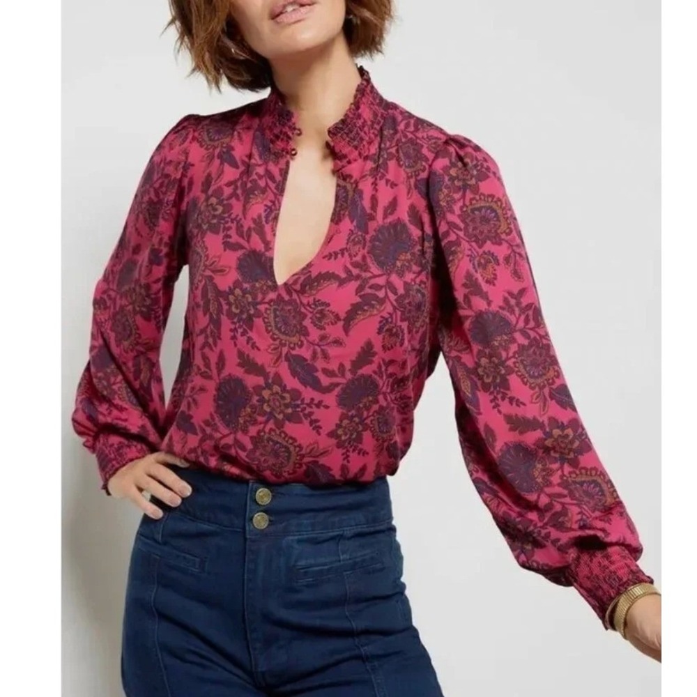 Evereve Kelsea Smock Neck Blouse Small Pink Floral Boho Romantic Cottagecore